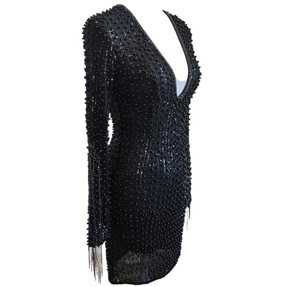 Women's Black Embellished Deep Plunge Mini Dress Sz S/M - Picture 3 of 9